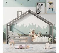 VIVCA Letto per bambini 90 x 200 cm senza materasso con camino e protezione anticaduta, rete a doghe in legno di pino grigio