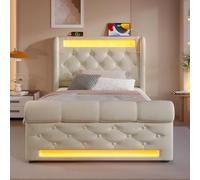 VIVCA Moderno letto imbottito singolo 90 x 200 cm, letto imbottito con luci a LED, testiera con porte USB e di tipo C, letto di stoccaggio idraulico, beige, velluto (con materasso)