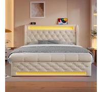 VIVCA Moderno letto matrimoniale imbottito, 140 x 200 cm, letto imbottito con luci a LED, testiera con porte USB e di tipo C, letto idraulico per riporre oggetti, beige, velluto (con materasso)