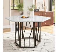 VIVCA Moderno tavolo da pranzo esagonale in marmo, ramo in metallo nero, tavolino da caffè estetico, adatto per sala da pranzo e soggiorno.