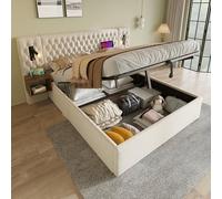 VIVCA Set completo, 160 x 200 cm, letto imbottito idraulico, letto matrimoniale con 2 comodini, testiera con funzione di ricarica USB, beige, velluto (con materasso)