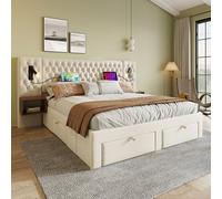 VIVCA Set completo per camera da letto, 160 x 200 cm, letto imbottito, letto matrimoniale con 2 comodini e 4 cassetti, testiera con funzione di ricarica USB, beige, velluto (senza materasso)