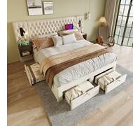 VIVCA Set completo per camera da letto, 180 x 200 cm, letto imbottito, letto matrimoniale con 2 comodini e 4 cassetti, testiera con funzione di ricarica USB, beige, velluto (senza materasso)