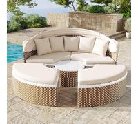 VIVCA Set di poltrone da giardino con isola soleggiata e letto a conchiglie, tavolo da giardino in rattan con baldacchino estraibile e piano sollevabile, colore beige, tutti i cuscini inclusi