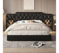 VIVCA Telaio per letto da 180 x 200 cm con testiera lunga, materiale in velluto alla moda, più porte USB, lampada da scrivania, sistema idraulico, spazio extra ampio nella parte inferiore, nero