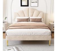 VIVCA Trapunta in velluto 140 x 190 cm, letto matrimoniale a conchiglia con piedini in metallo dorato, testiera regolabile, rete in legno, beige