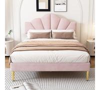 VIVCA Trapunta in velluto 140 x 190 cm, letto matrimoniale a conchiglia con piedini in metallo dorato, testiera regolabile, griglia in legno, rosa