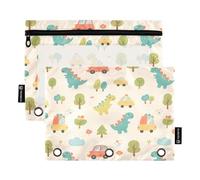 Vivid Dino-car Design Beige 2Pack Pencil Pouch Set per 3 Raccoglitore ad Anelli Cerniera Liscio con Finestra in PVC Trasparente Astuccio per la Scuola Forniture