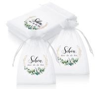 VIVIIHOO Bustine Organza per Matrimonio, Battesimo e Cresima, 15 x 10 cm, Bianche, con Stampa Schön Dass du da Bist, 50 Pezzi