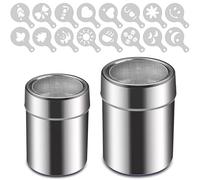 VIVIIHOO Set di 2 Shaker per Zucchero a Velo e Cacao, Acciaio Inox con 16 Stencil Latte Art, Setacciatore per Farina, Cannella, Cottura, Lavabile