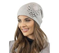 Vivisence Cappello Invernale da Donna con Decorazione Floreale Realizzato in Lana E Poliammide Confortevole Ed Elasticizzato Perfetto per Freddo Invernale, Grigio Chiaro,Taglia Unica