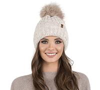Vivisence Cappello Invernale da Donna con Pompon Realizzato in Filato Morbido E Caldo con Fodera Interna in Pile Antistatico vestibilità Comoda Ideale per l'inverno, Beige,Taglia Unica