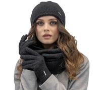 Vivisence Da Donna Set Invernale Completo in Lana Cappello con Fodera Interna Sciarpa A Giro Doppio E Guanti A Cinque Dita Perfetto per Le Fredde Giornate Invernali, Nero Melange,Taglia Unica