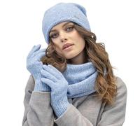 Vivisence Da Donna Set Invernale Completo in Lana Cappello con Fodera Interna Sciarpa A Giro Doppio E Guanti A Cinque Dita Perfetto per Le Fredde Giornate Invernali, Azzurro Melange,Taglia Unica