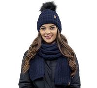 Vivisence Elegante Set Invernale da Donna Composto da Cappello con Pompon E Sciarpa Foderato in Pile Morbido Antistatico Perfetto per Le Giornate Fredde, Blu Scuro,Taglia Unica