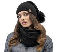 Vivisence Inverno Set Elegante in Caldo Filato Cappello con Pom-Pom E Scaldacollo Piegato Due Volte con Struttura A Maglia A Doppia Piega Perfetto per l'inverno, Nero,Taglia Unica