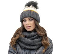 Vivisence Set alla Moda da Donna Cappello Colorato con Grande PON-PON Ecologico E Scaldacollo Coordinato Realizzato in Filato Caldo con Lana Fodera in Pile Antistatico, Grigio Scuro,Taglia Unica