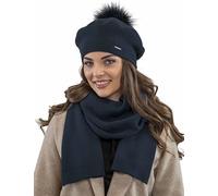Vivisence Set Invernale Da Donna Berretto Caldo Con Pon Pon In Pelliccia Sintetica E Sciarpa Lunga In Filato Con Lana Perfetti Per Affrontare Le Giornate Fredde Design Elegante, Blu Scuro,Taglia Unica