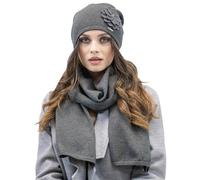 Vivisence Set Invernale da Donna Cappello con Fiorellino E Sciarpa in Lana E Acrilico Design Classico Ed Elegante, Caldo E Confortevole, Grigio Scuro,Taglia Unica