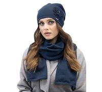 Vivisence Set Invernale da Donna Cappello con Fiorellino E Sciarpa in Lana E Acrilico Design Classico Ed Elegante, Caldo E Confortevole, Blu Scuro,Taglia Unica