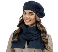 Vivisence Set Invernale da Donna Composto da Berretto E Sciarpa Lunga Realizzato in Filato Caldo con Decorazione Floreale Perfetto per Le Giornate Fredde Elegante E, Blu Scuro,Taglia Unica