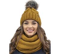 Vivisence Set Invernale da Donna con Cappello E Scaldacollo in Pile Morbido Elasticizzato E Caldo con Pompon E Design Elegante per Giornate Fredde, Giallo Scuro,Taglia Unica