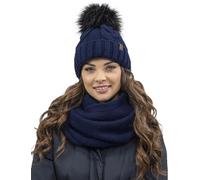 Vivisence Set Invernale da Donna con Cappello E Scaldacollo in Pile Morbido Elasticizzato E Caldo con Pompon E Design Elegante per Giornate Fredde, Blu Scuro,Taglia Unica
