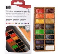 Viviva VV276039 - Set di acquerelli, 16 colori resistenti alla luce e vibranti in padelle su tavolozza di sughero per esterni e in viaggio, realizzato a mano - 16 colori