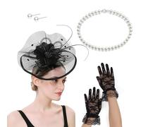 VIVIWI Fascinator francese cappello con collana guanti orecchini orecchini set costume per corse di cavalli e feste di Halloween Dressingup