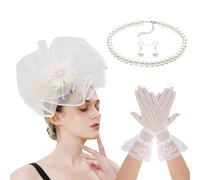 VIVIWI Set di copricapi con fiori piumati in pizzo e collana e guanti per donne, accessori per capelli da corsa di cavalli, festival