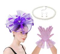 VIVIWI Set di copricapi con fiori piumati in pizzo e collana e guanti per donne, accessori per capelli da corsa di cavalli, festival
