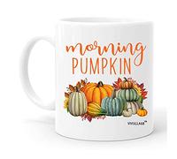 Vivulla68 Tazza da caffè autunnale a forma di zucca, 11 once fluide, ceramica, lucido, adatta al microonde, lavabile in lavastoviglie, stampa ad alta definizione, tema autunnale, Ringraziamento