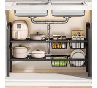 ViWaVee Organizer Sottolavello Cucina, Organizer a 2 Livelli Con 4 Cestelli Estraibili e 4 Pannelli, Scaffale Sotto Lavabo Per Cucina, Organizzatori Bagno(Nero, 53 cm - 83 cm)