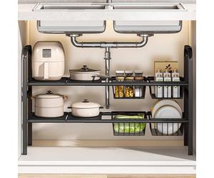ViWaVee Organizer Sottolavello Cucina, Organizer a 2 Livelli Con 4 Cestelli Estraibili e 4 Pannelli, Scaffale Sotto Lavabo Per Cucina, Organizzatori Bagno(Nero, 53 cm - 83 cm)