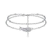 Viwind Cavigliera con ali d'angelo in argento Sterling 925 con zirconi da donna, bracciale esteso, cavigliera da spiaggia, regolabile 22 + 4 cm, Taglia unica, Argento