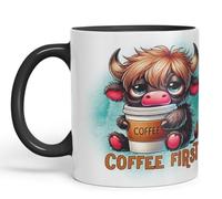 Vixar Coffee First Highland Cow, tazza in ceramica colorata, regalo per gli amanti del caffè, 325 ml, colore: nero