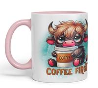 Vixar Coffee First Highland Cow, tazza in ceramica colorata, regalo per gli amanti del caffè, 325 ml, colore: rosa