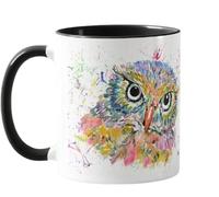 Vixar Tazza colorata con motivo gufo, acquerello, colore arcobaleno, idea regalo, compleanno, lavoro, ufficio, tè, caffè, colore: nero