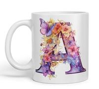 Vixar Tazza con lettera A, fiori e farfalle, con monogramma, in ceramica, per tè, caffè, hot brew, 330 ml, idea regalo (bianco)