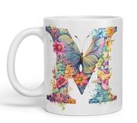Vixar Tazza con lettera M, fiori e farfalle, con monogramma, in ceramica, colorata, per tè, caffè, birra calda, 330 ml, idea regalo (bianco)