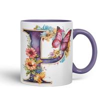 Vixar Tazza con lettera P, fiori e farfalle, con monogramma dell'alfabeto e monogramma in ceramica colorata per tè, caffè, hot brew, 330 ml (viola)