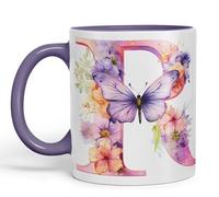 Vixar Tazza con lettera R, fiori e farfalle, con monogramma dell'alfabeto e monogramma in ceramica colorata per tè, caffè, hot brew, 330 ml, idea regalo (viola)