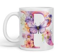 Vixar Tazza con lettera R, fiori e farfalle, con monogramma dell'alfabeto e monogramma, in ceramica, per tè, caffè, hot brew, 330 ml, regalo (bianco)
