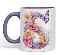 Vixar Tazza con lettera S, fiori e farfalle, con monogramma dell'alfabeto e monogramma in ceramica colorata per tè, caffè, hot brew, 330 ml, idea regalo (viola)