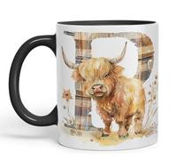 Vixar Tazza in ceramica colorata con monogramma della mucca delle Highland - Lettera P - Regalo rustico con animali della fattoria - 325 ml (nero)