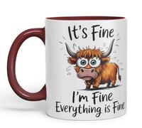 Vixar Tazza in ceramica colorata con scritta "It's Fine I'm Fine Everything is ..., Highland Cow Scottish Joke Sarcastic, 330 ml, marrone