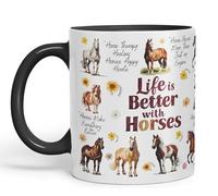 Vixar Tazza in ceramica colorata con scritta "Life is better with Horses horse joke", per tè e caffè, 330 ml, idea regalo (nero)