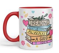 Vixar Tazza in ceramica colorata con scritta "Reading is Always a Good Idea", idea regalo, 330 ml, per lavoro, ufficio, tè, caffè (rosso)