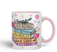 Vixar Tazza in ceramica colorata con scritta "Reading is Always a Good Idea", idea regalo, 330 ml, per lavoro, ufficio, tè, caffè (rosa)
