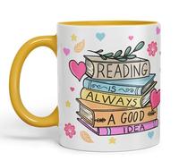 Vixar Tazza in ceramica colorata con scritta "Reading is Always a Good Idea", idea regalo, 330 ml, per lavoro, ufficio, tè, caffè (giallo G)
